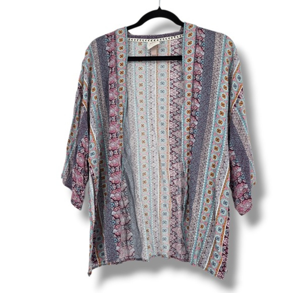 Knox Rose Womens Boho‎ Paisley Medallion Stripe Kimono Wrap Purple Blue XS/S